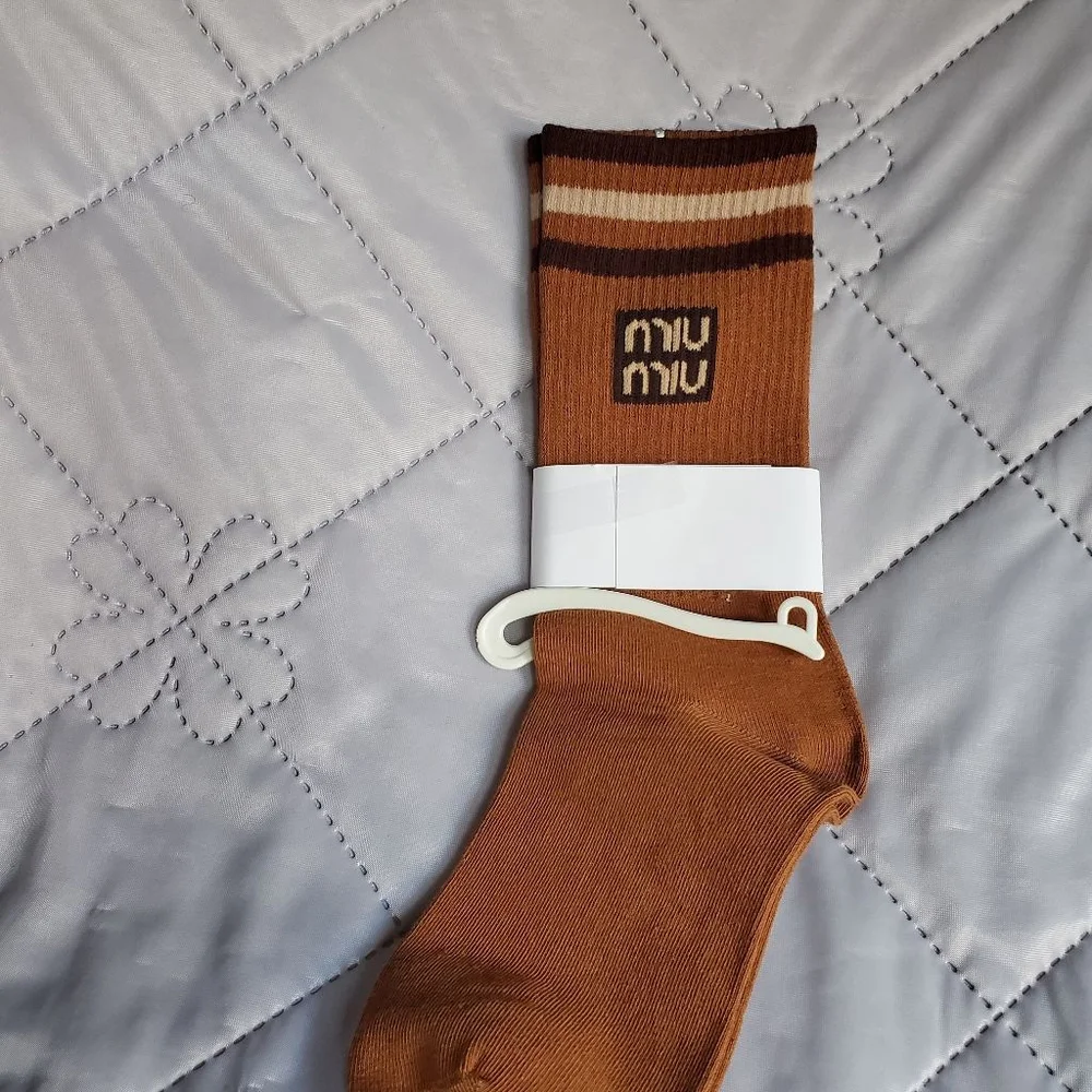 Miu Miu Crew Brown Beige Striped Womens Size 7-10 Socks